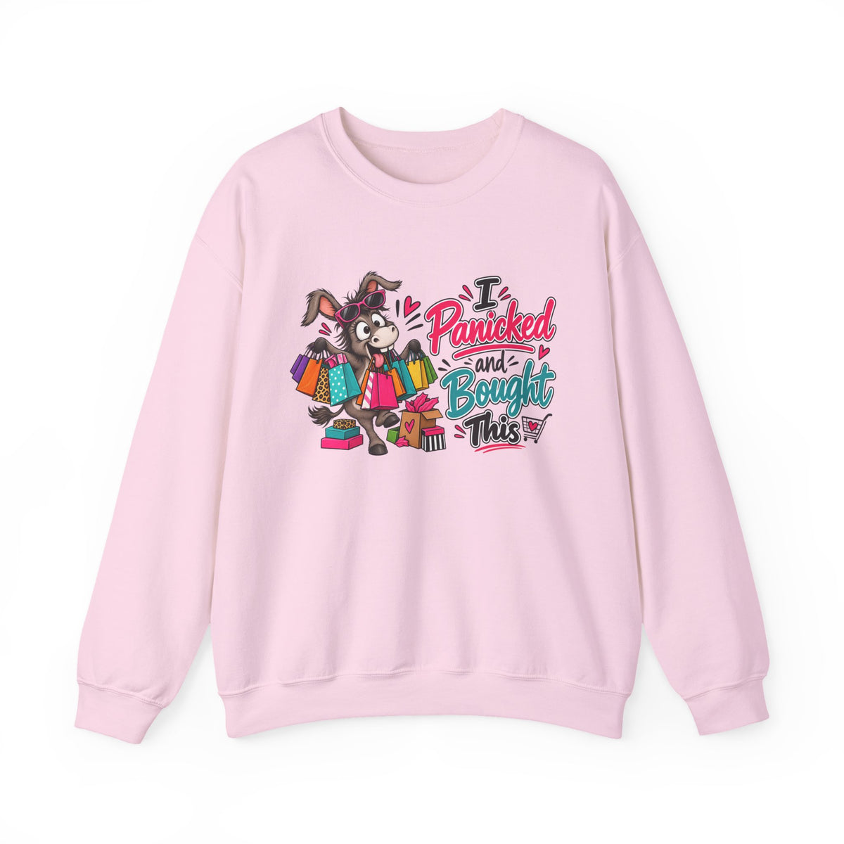 "I Panicked and Bought This" Holiday Sweatshirt — S, Light Pink | The ClawMark Store