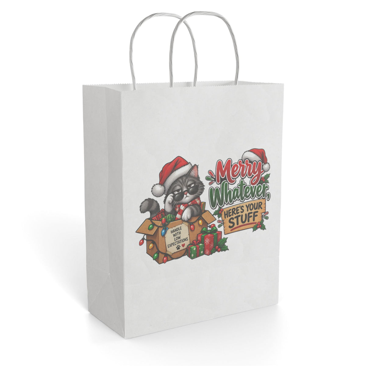 "Merry Whatever, Here’s Your Stuff" Gift Bag — 8'' x 10.25", White, Paper | The ClawMark Store