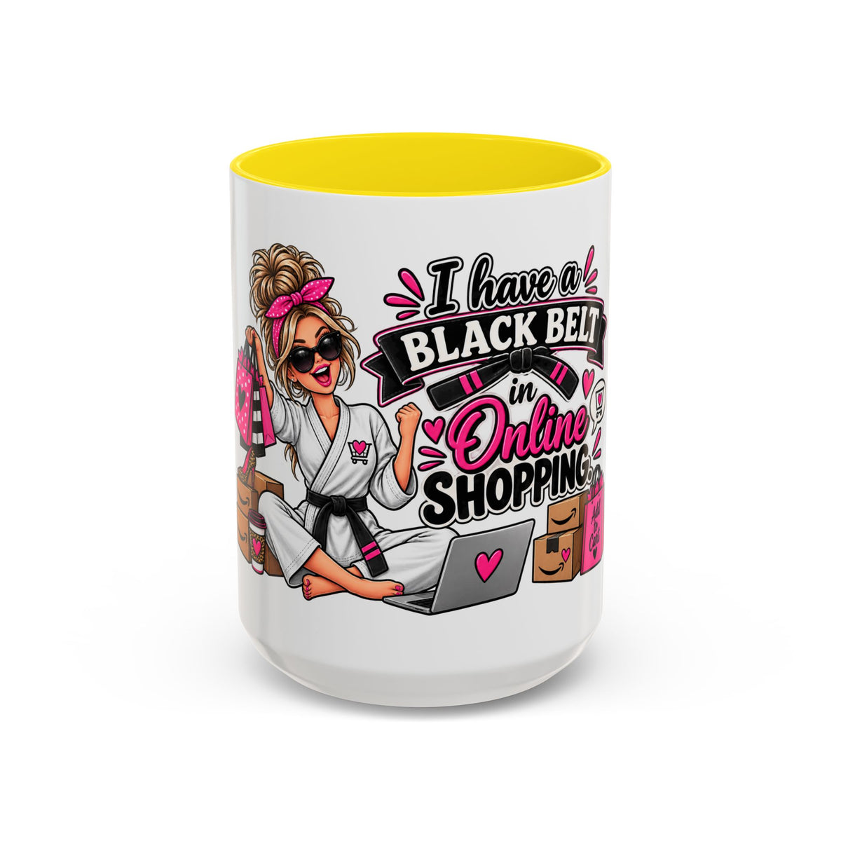 "I Have a Black Belt in Online Shopping" Accent Mug — 15oz, Yellow | The ClawMark Store