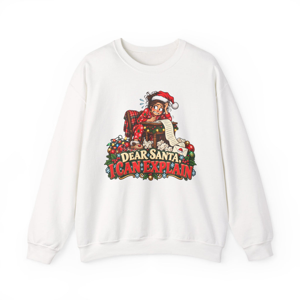 Holiday Sweatshirt - "Dear Santa, I Can Explain" Plaid Elf Christmas Crewneck - Woman