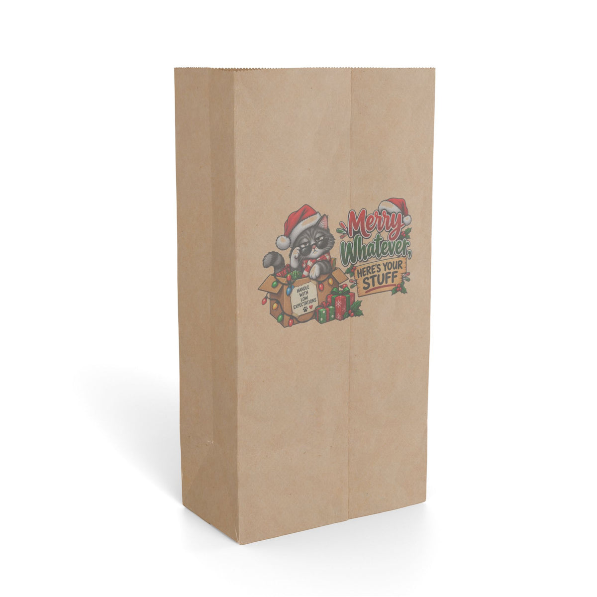 "Merry Whatever, Here’s Your Stuff" Gift Bag — 6.25'' x 12.5", Kraft, Paper | The ClawMark Store