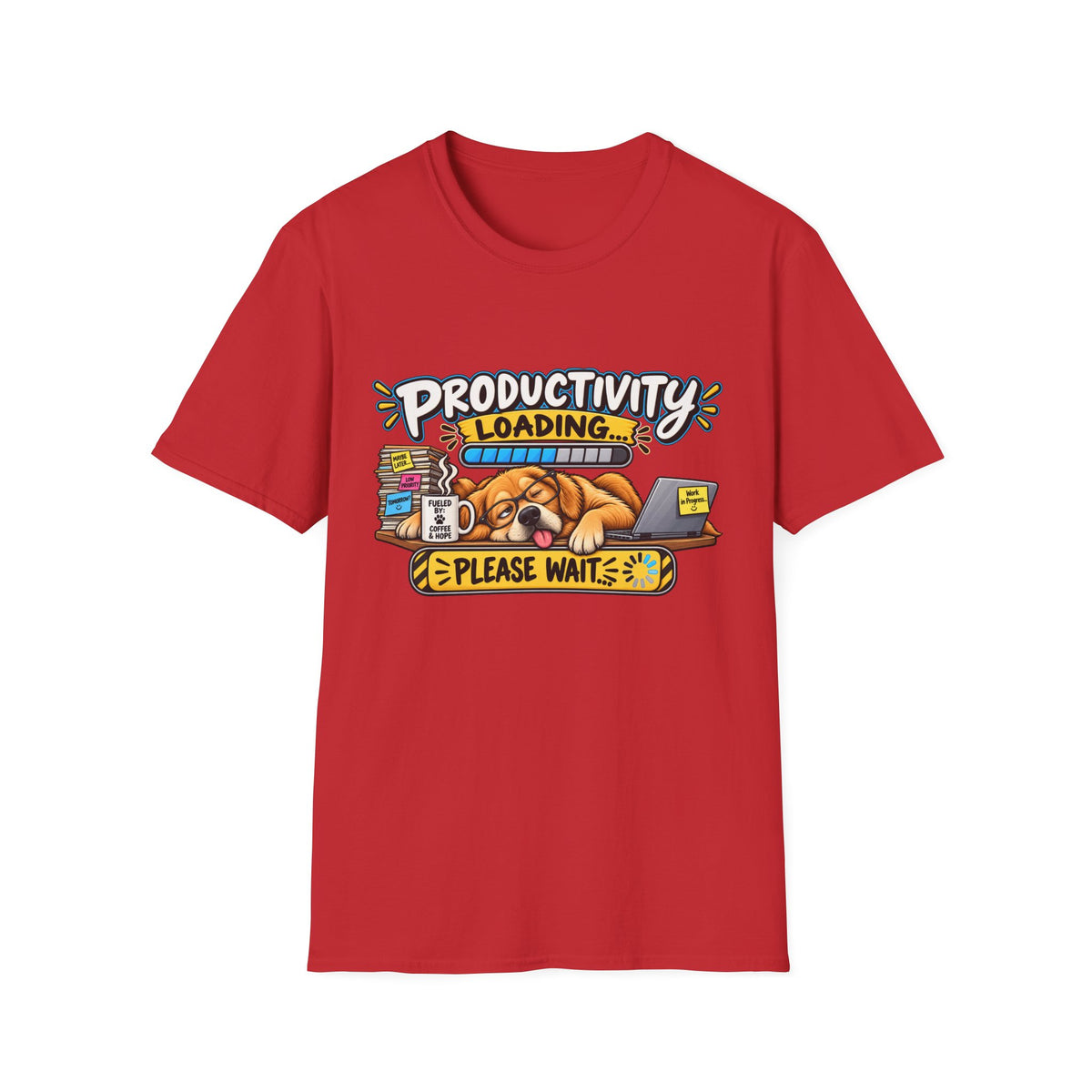 Productivity Loading T-Shirt — Cute Sleepy Dog Graphic Tee — S, Red | The ClawMark Store