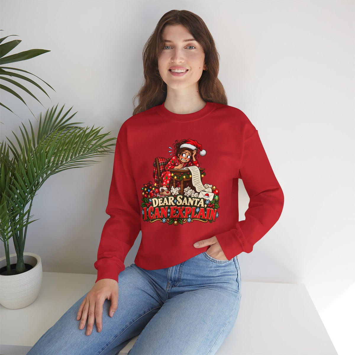 Holiday Sweatshirt - "Dear Santa, I Can Explain" Plaid Elf Christmas Crewneck - Woman