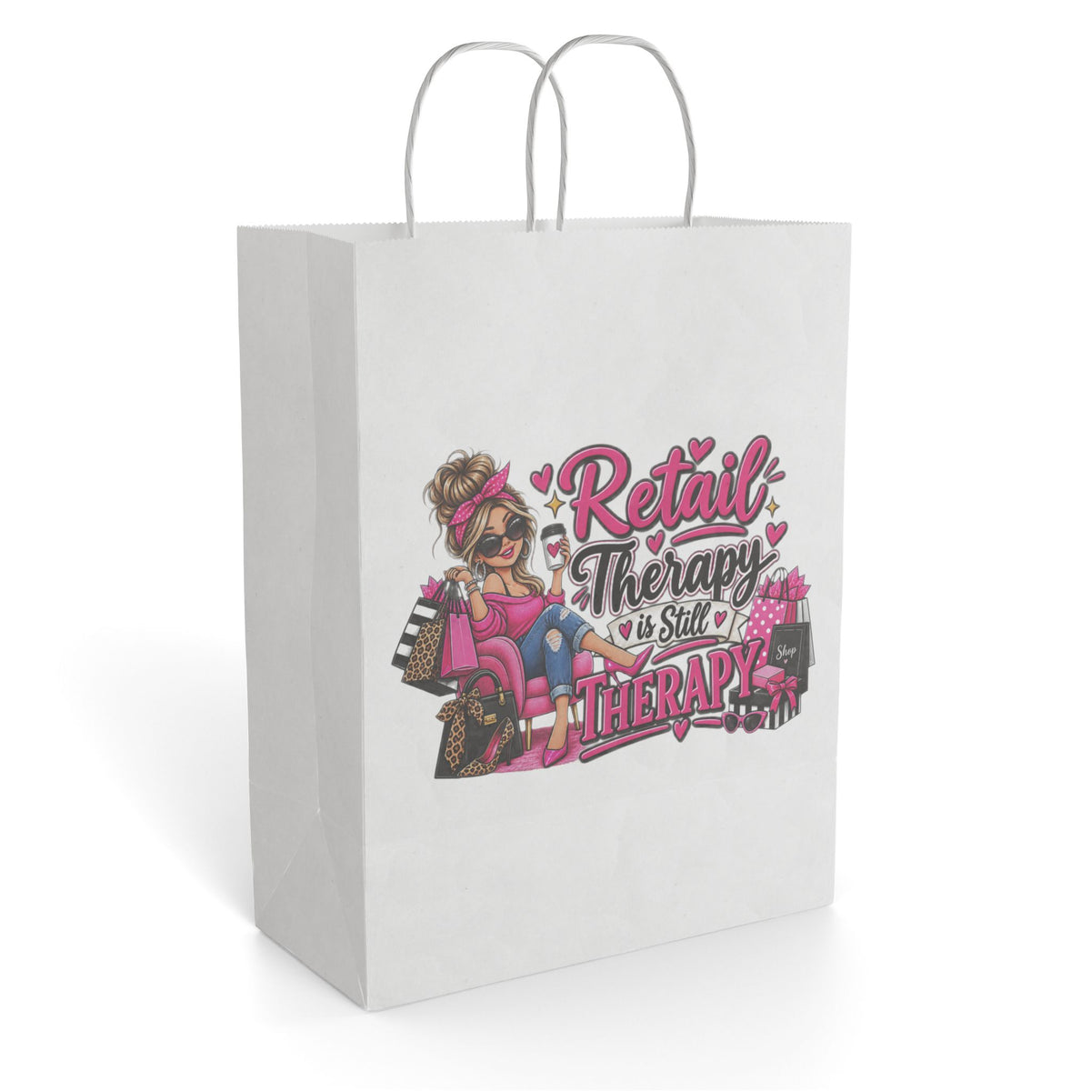 "Retail Therapy is Still Therapy" Gift Bag — 10'' x 13", White, Paper | The ClawMark Store