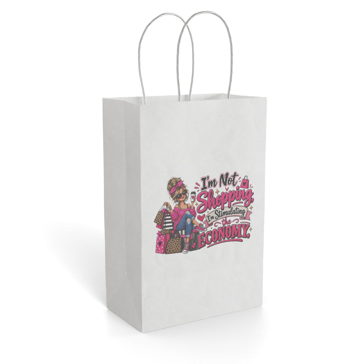"I'm Not Shopping, I'm Stimulating the Economy" Gift Bag — 5.5'' x 8.375", White, Paper | The ClawMark Store