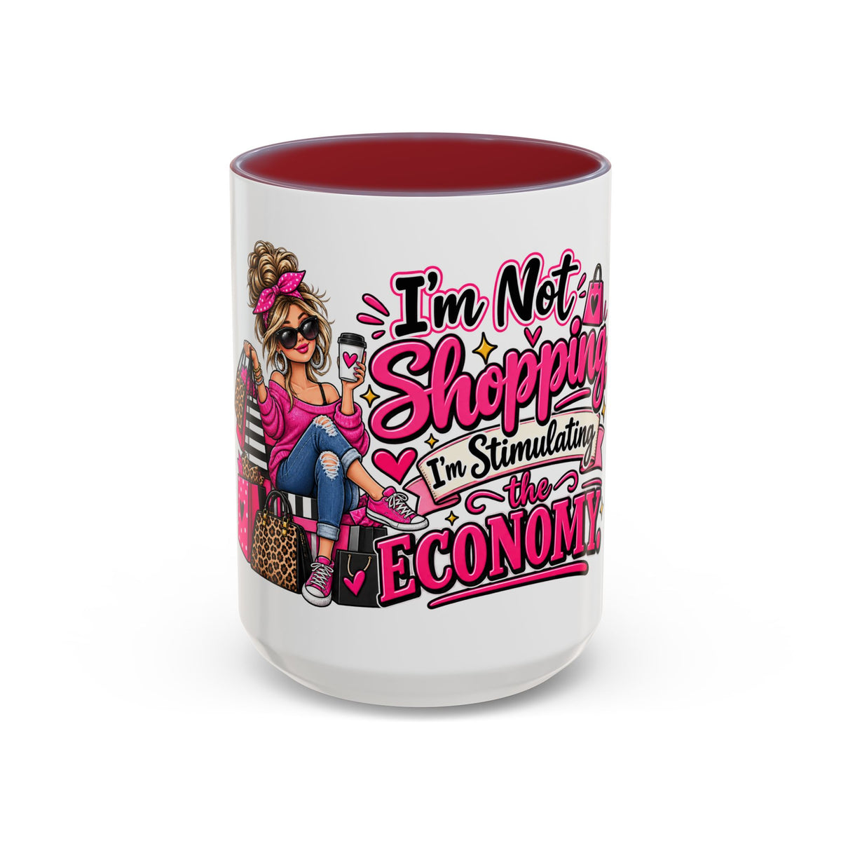 "I'm Not Shopping, I'm Stimulating the Economy" Mug (11oz, 15oz) — Maroon, 15oz | The ClawMark Store