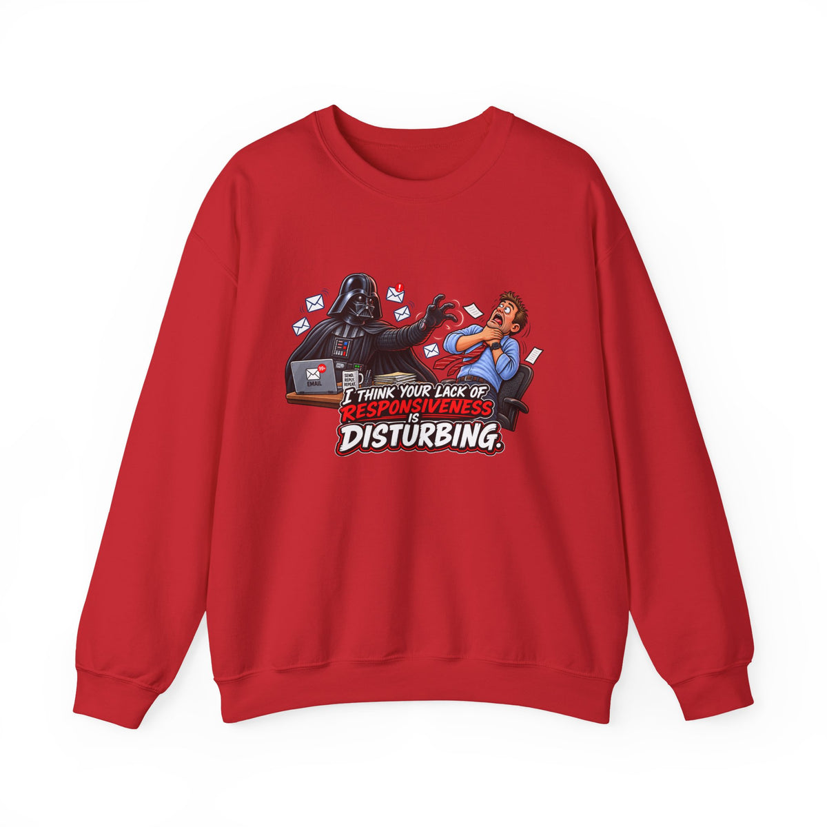 Disturbing Responsiveness Sweatshirt — Office Humor Graphic — S, Red | The ClawMark Store