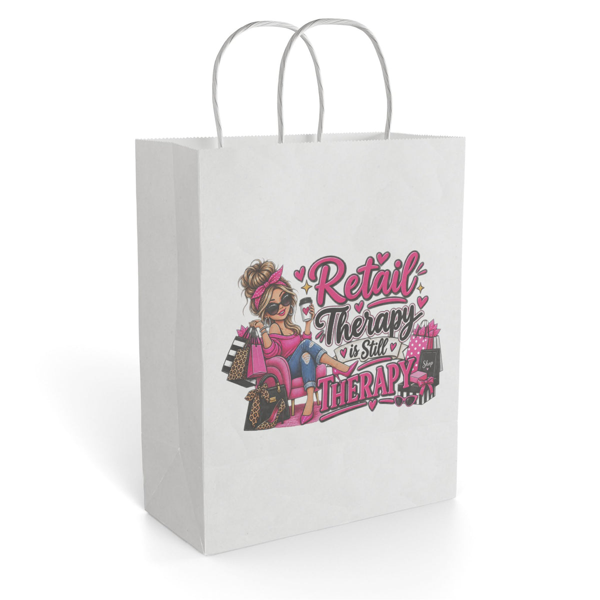 "Retail Therapy is Still Therapy" Gift Bag — 8'' x 10.25", White, Paper | The ClawMark Store