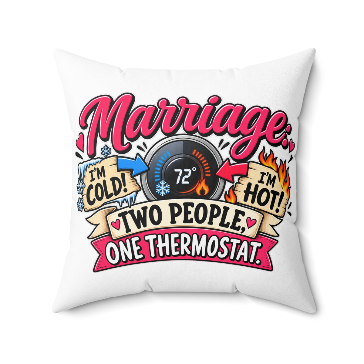 Marriage Pillow — "Two People, One Thermostat" Decorative Throw Pillow — 20" × 20" | The ClawMark Store
