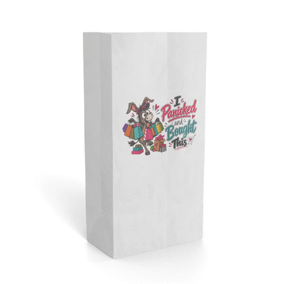 "I Panicked and Bought This" Paper Gift Bag — 6.25'' x 12.5", White, Paper | The ClawMark Store