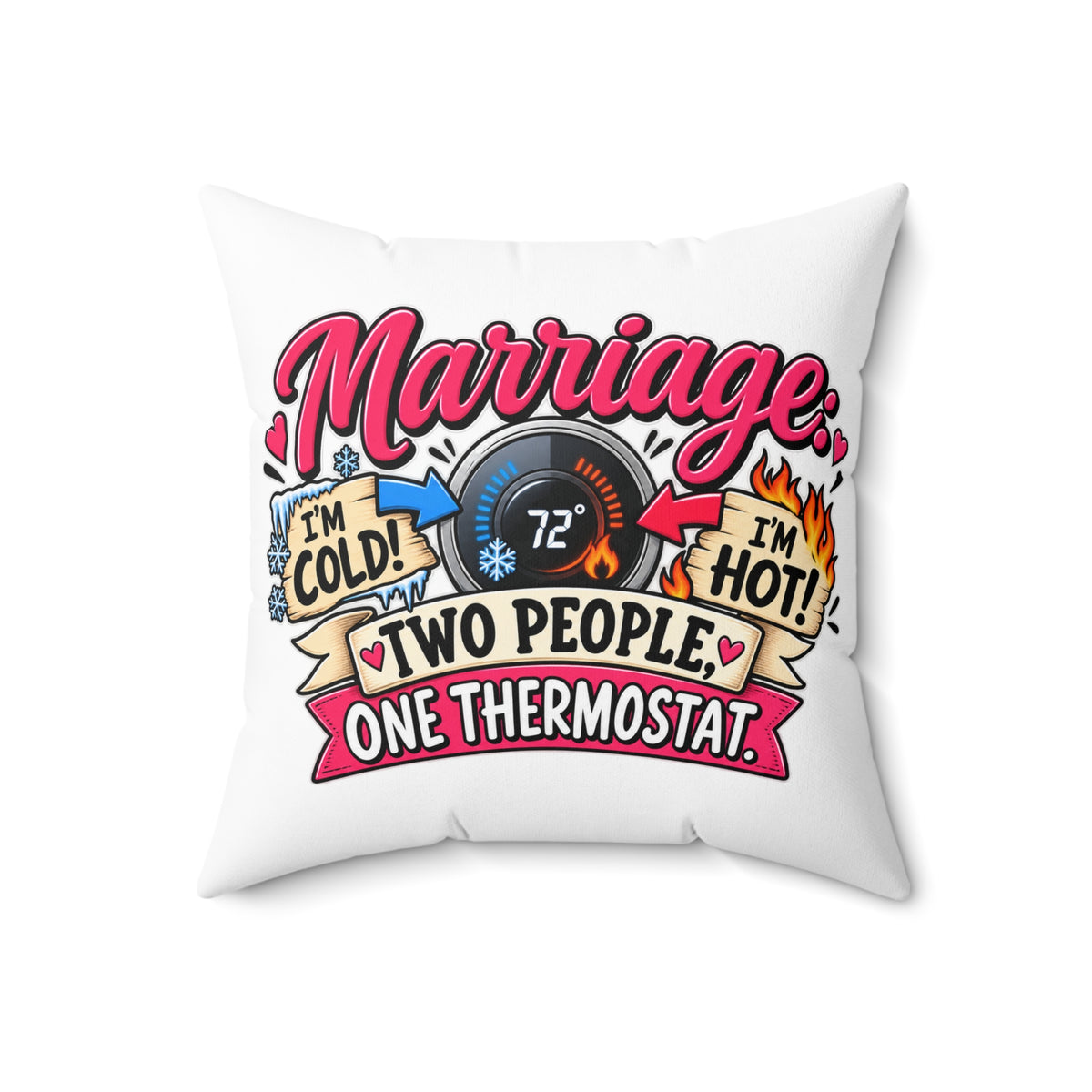 Marriage Pillow — "Two People, One Thermostat" Decorative Throw Pillow — 18" × 18" | The ClawMark Store