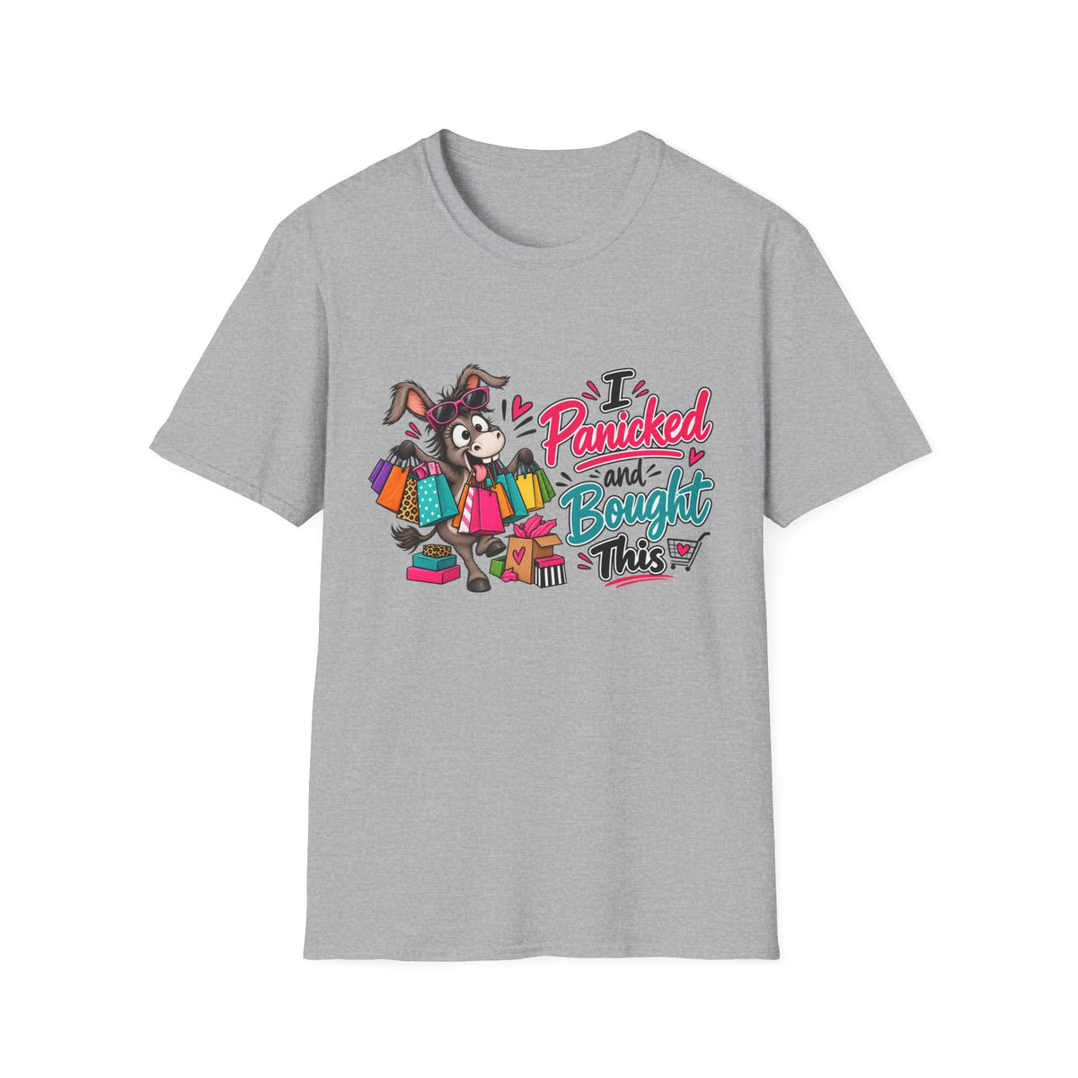 I Panicked and Bought This T-Shirt — Funny Shopping Donkey Graphic Tee — S, Sport Grey | The ClawMark Store