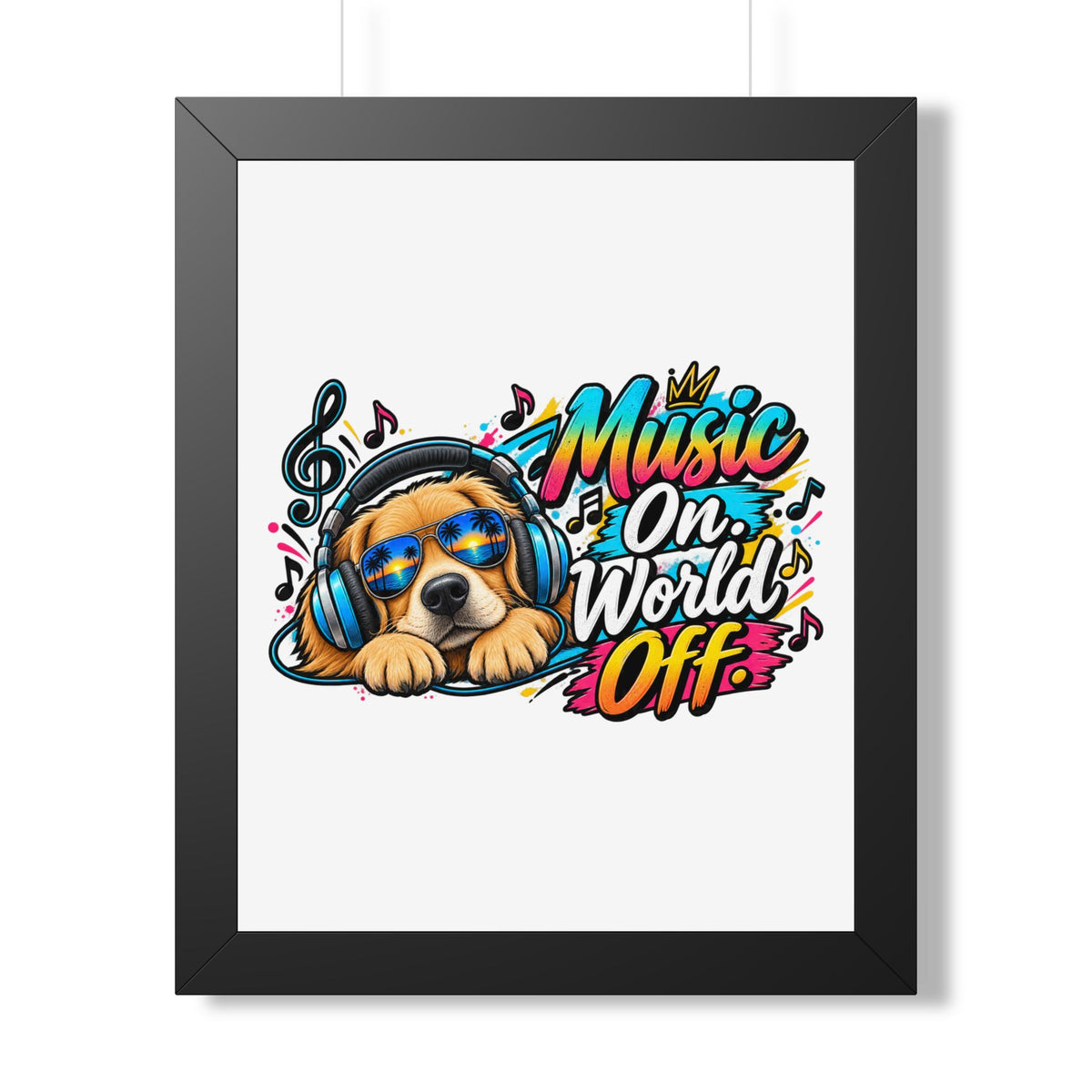 Music On, World Off Framed Poster — Dog with Headphones Wall Art — Black, 16″ x 20″ | The ClawMark Store