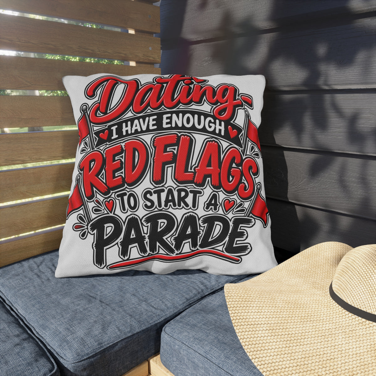 "Dating: I Have Enough Red Flags to Start a Parade" Pillow — product photo 3 | The ClawMark Store