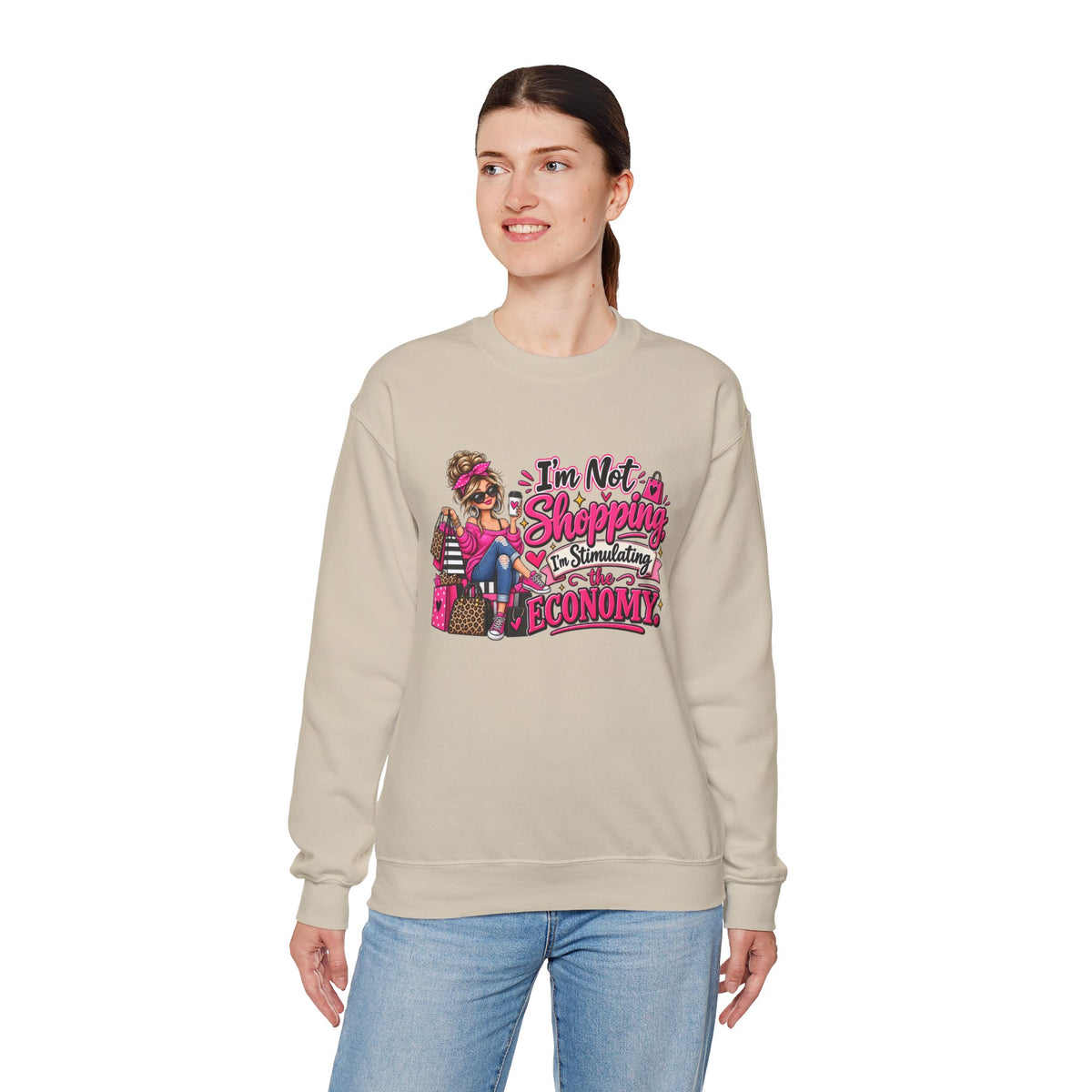 "I'm Not Shopping, I'm Stimulating the Economy" Sweatshirt — S, Sand | The ClawMark Store