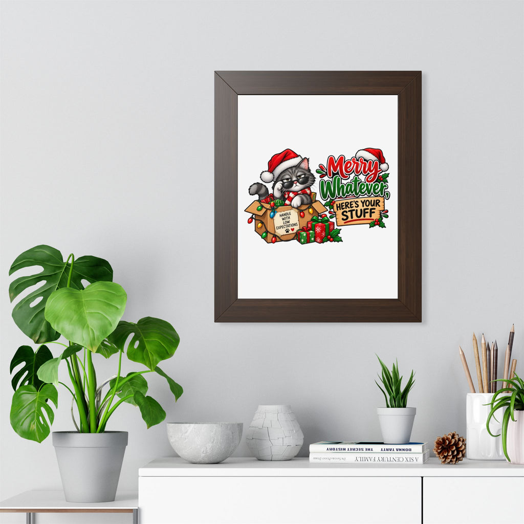 Merry Whatever Cat Christmas Poster — "Here's Your Stuff" Framed Print — product photo 1 | The ClawMark Store