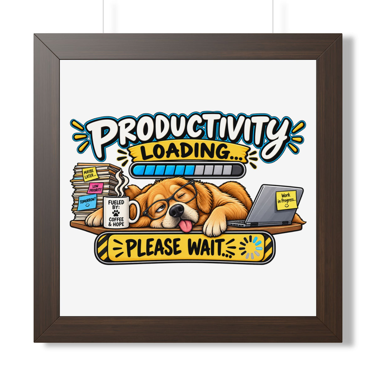 "Productivity Loading... Please Wait" Framed Poster — Walnut, 16″ x 16″ | The ClawMark Store