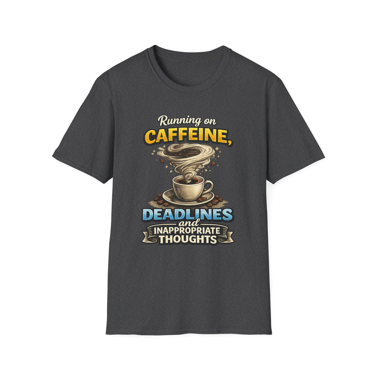 Running on Caffeine — Coffee T-Shirt — S, Dark Heather | The ClawMark Store