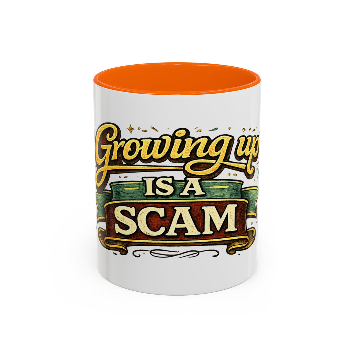 "Growing Up Is A Scam" Vintage-Style Coffee Mug — 11oz, Orange | The ClawMark Store