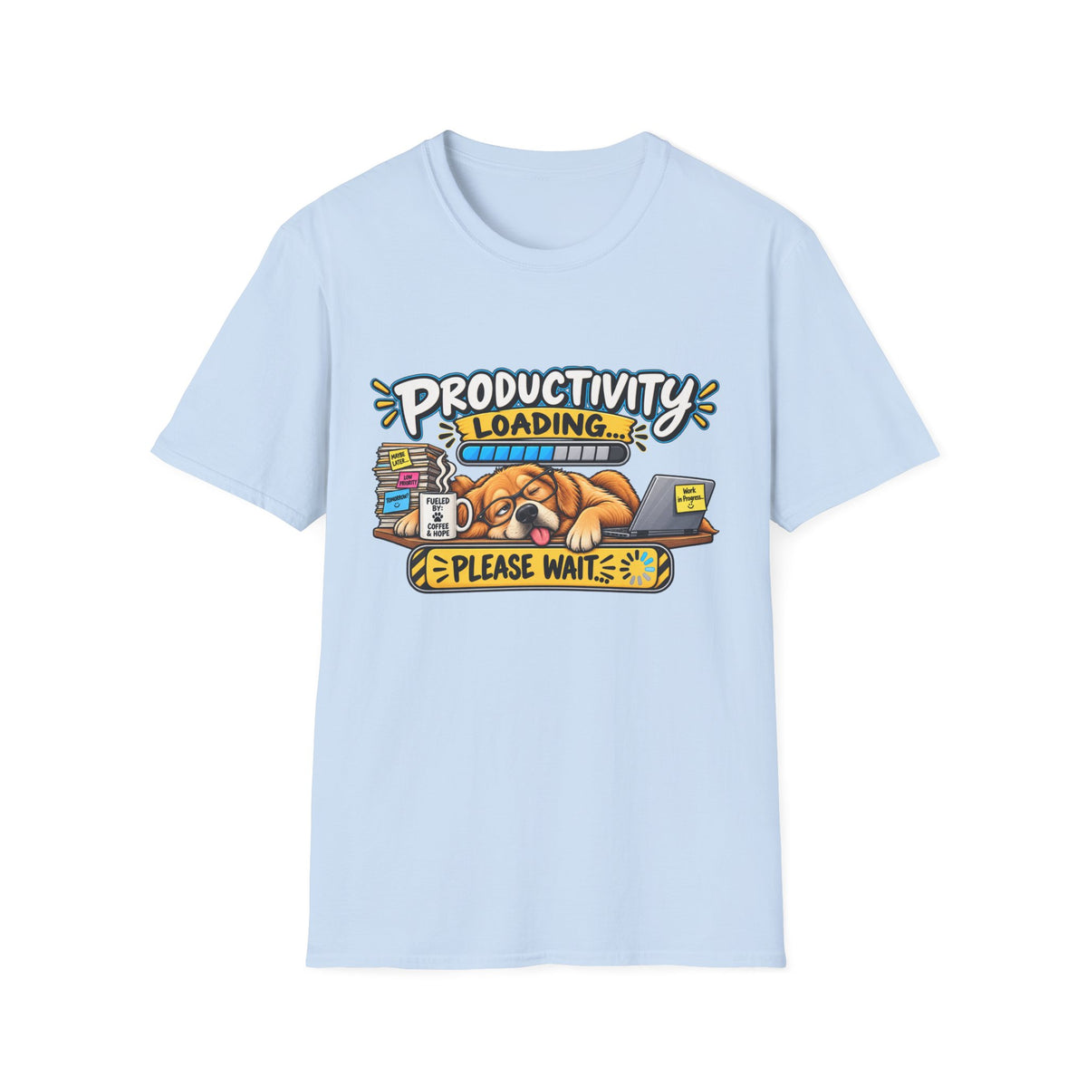 Productivity Loading T-Shirt — Cute Sleepy Dog Graphic Tee — S, Light Blue | The ClawMark Store