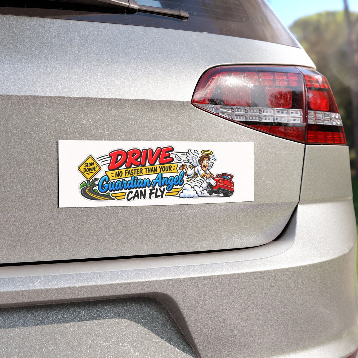 "Drive No Faster Than Your Guardian Angel Can Fly" Car Magnet — product photo 2 | The ClawMark Store