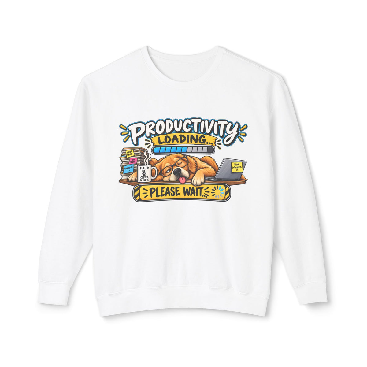 "Productivity Loading... Please Wait" Sweatshirt — White, S | The ClawMark Store