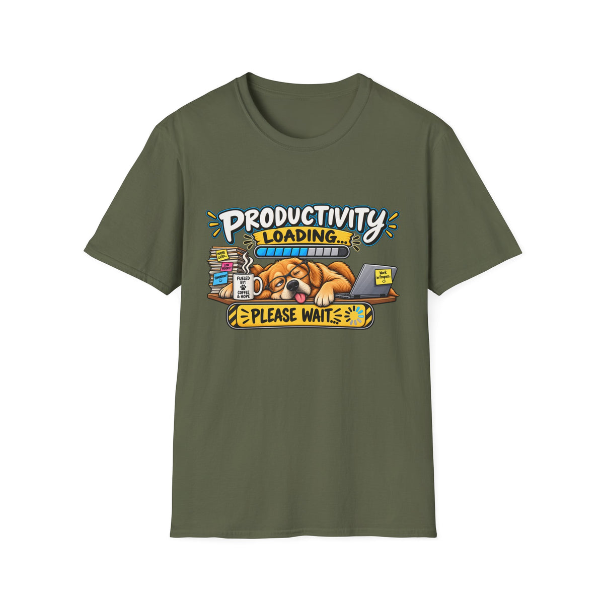 Productivity Loading T-Shirt — Cute Sleepy Dog Graphic Tee — S, Military Green | The ClawMark Store