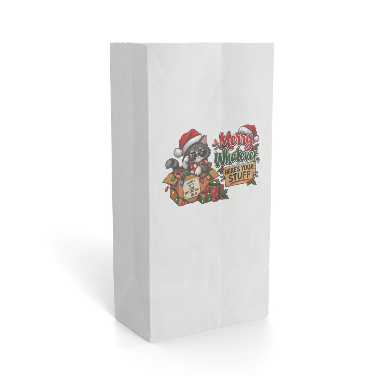 "Merry Whatever, Here’s Your Stuff" Gift Bag — 6.25'' x 12.5", White, Paper | The ClawMark Store