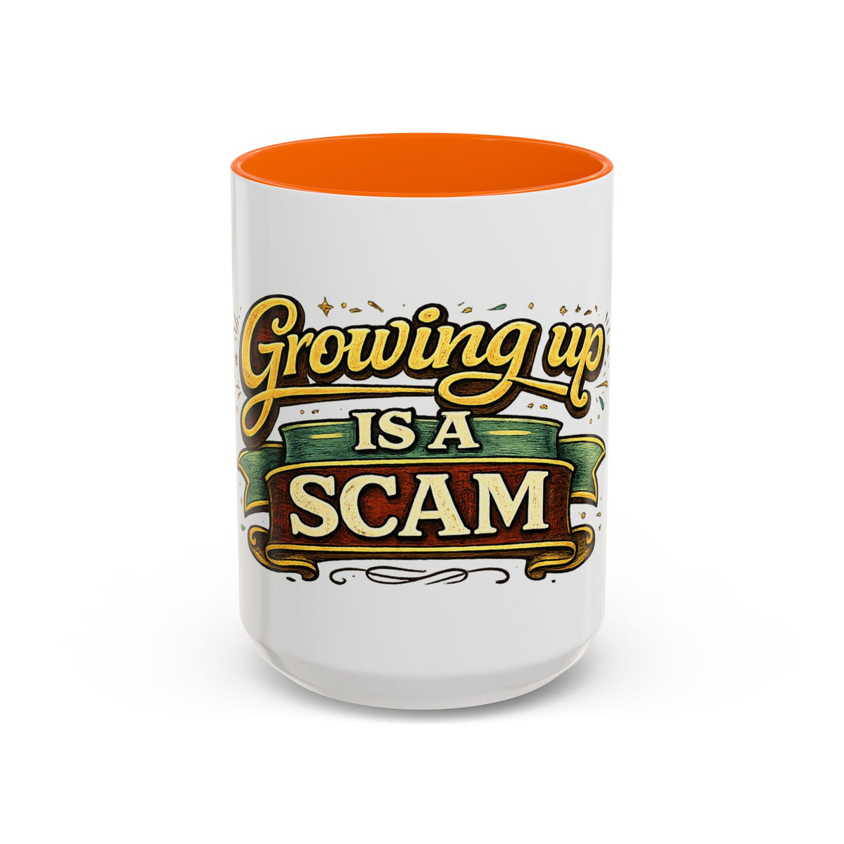 "Growing Up Is A Scam" Vintage-Style Coffee Mug — 15oz, Orange | The ClawMark Store