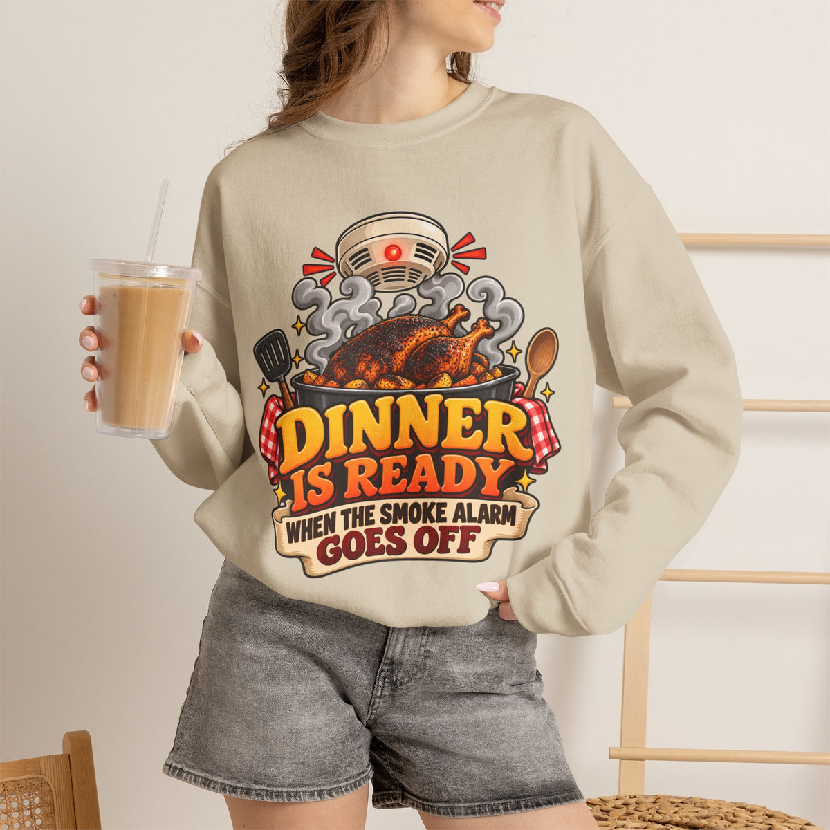 Crewneck Sweatshirt - "Dinner Is Ready When The Smoke Alarm Goes Off" Funny Chef Cooking Pullover
