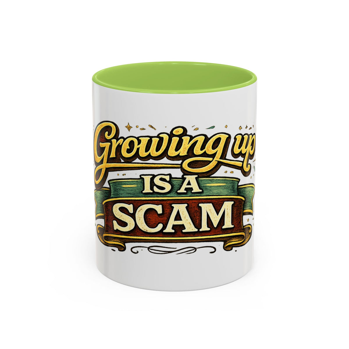 "Growing Up Is A Scam" Vintage-Style Coffee Mug — 11oz, Light Green | The ClawMark Store