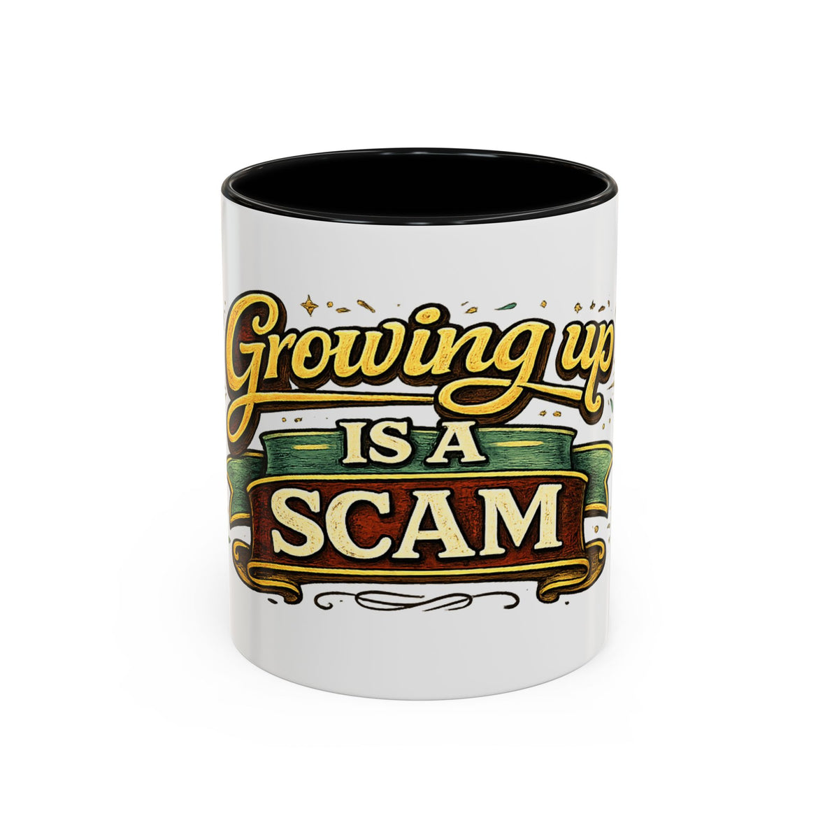 "Growing Up Is A Scam" Vintage-Style Coffee Mug — 11oz, Black | The ClawMark Store