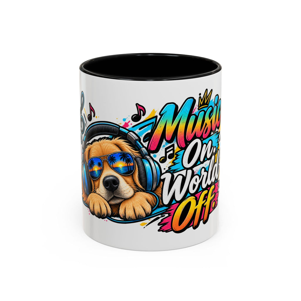 Music On, World Off Coffee Mug — Dog with Headphones Accent Mug — 11oz, Black | The ClawMark Store