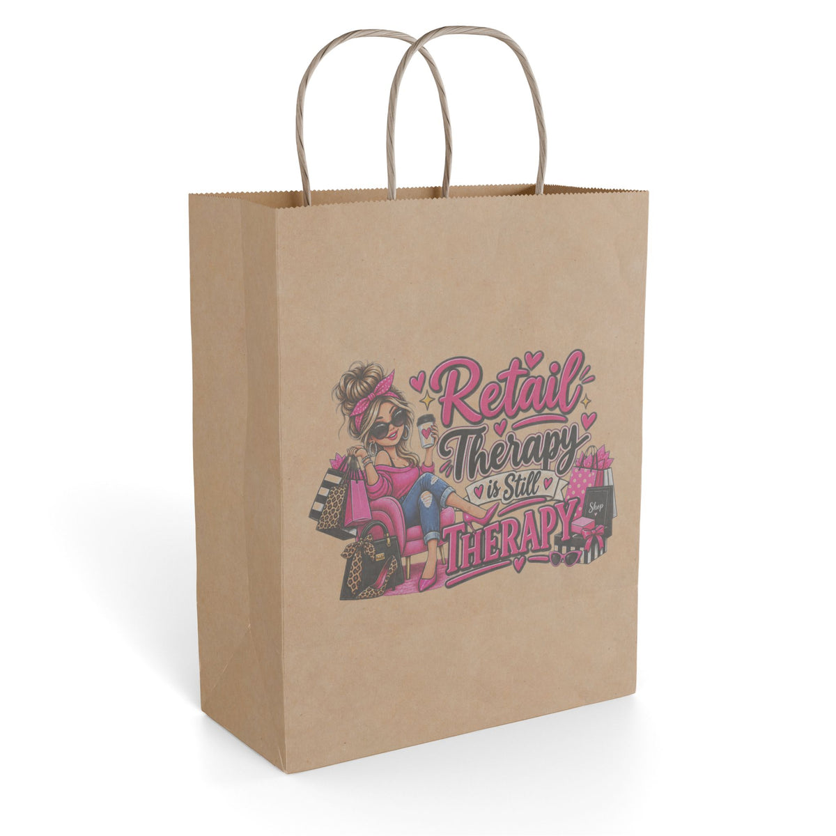 "Retail Therapy is Still Therapy" Gift Bag — 8'' x 10.25", Kraft, Paper | The ClawMark Store