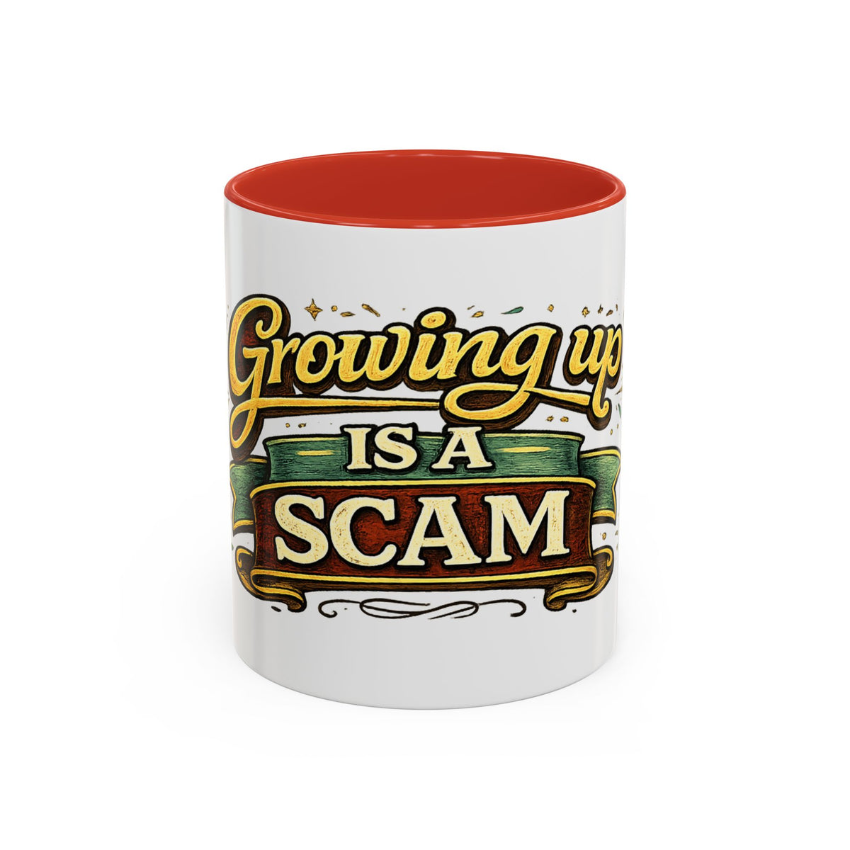 "Growing Up Is A Scam" Vintage-Style Coffee Mug — 11oz, Red | The ClawMark Store