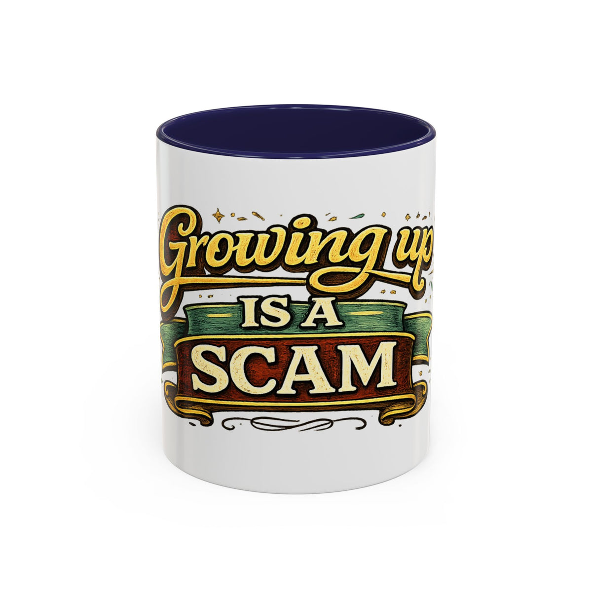 "Growing Up Is A Scam" Vintage-Style Coffee Mug — 11oz, Navy | The ClawMark Store