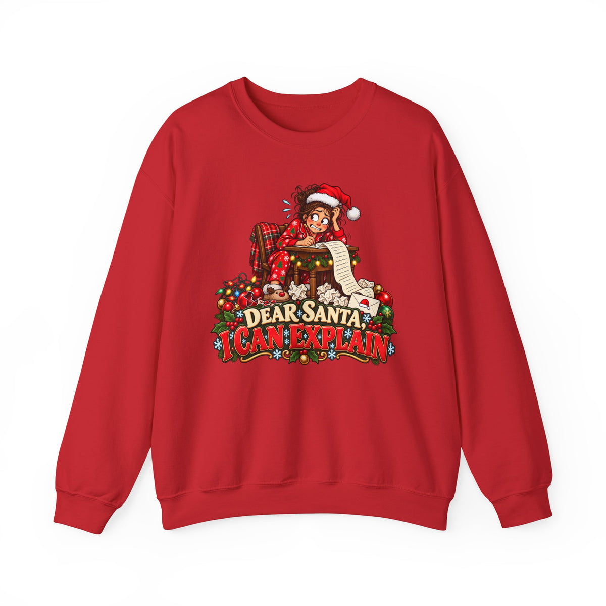 Holiday Sweatshirt - "Dear Santa, I Can Explain" Plaid Elf Christmas Crewneck - Woman