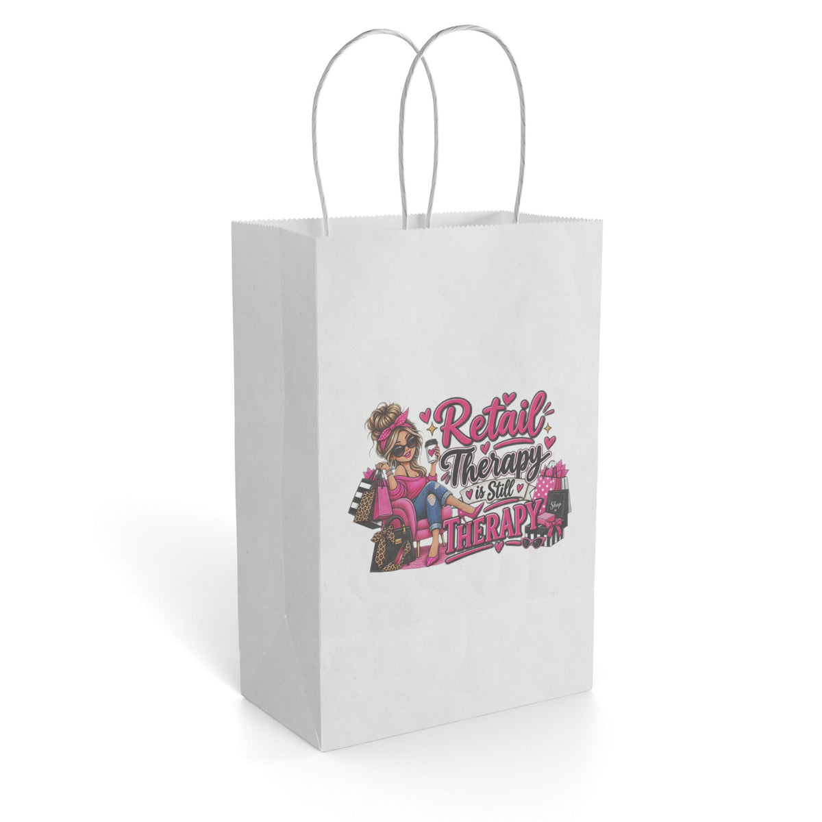 "Retail Therapy is Still Therapy" Gift Bag — 5.5'' x 8.375", White, Paper | The ClawMark Store