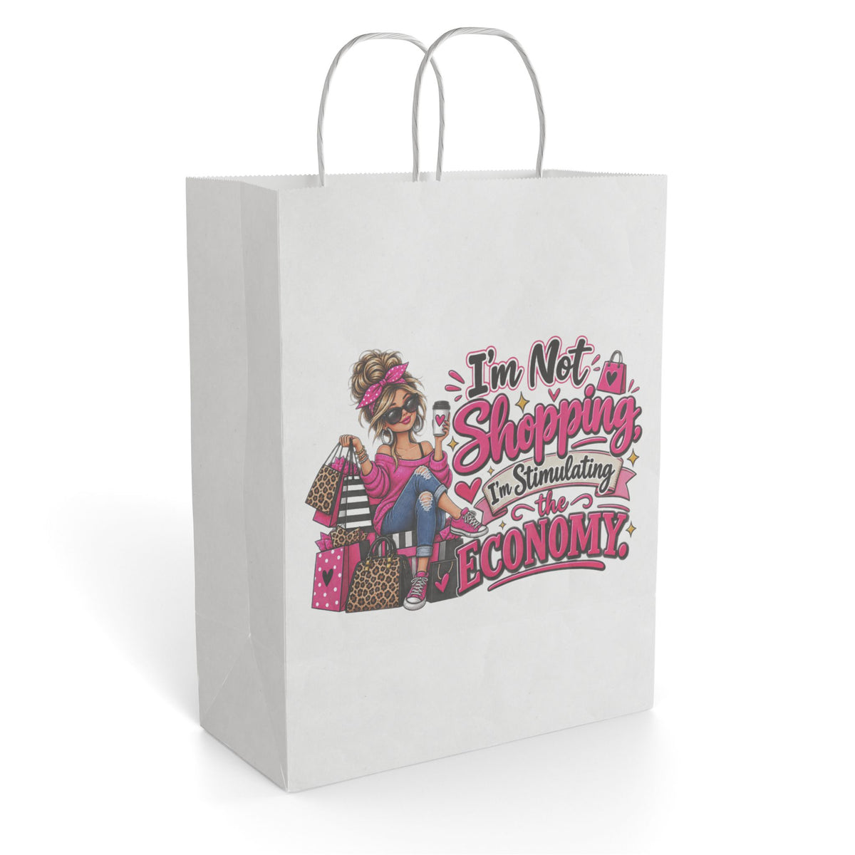 "I'm Not Shopping, I'm Stimulating the Economy" Gift Bag — 10'' x 13", White, Paper | The ClawMark Store