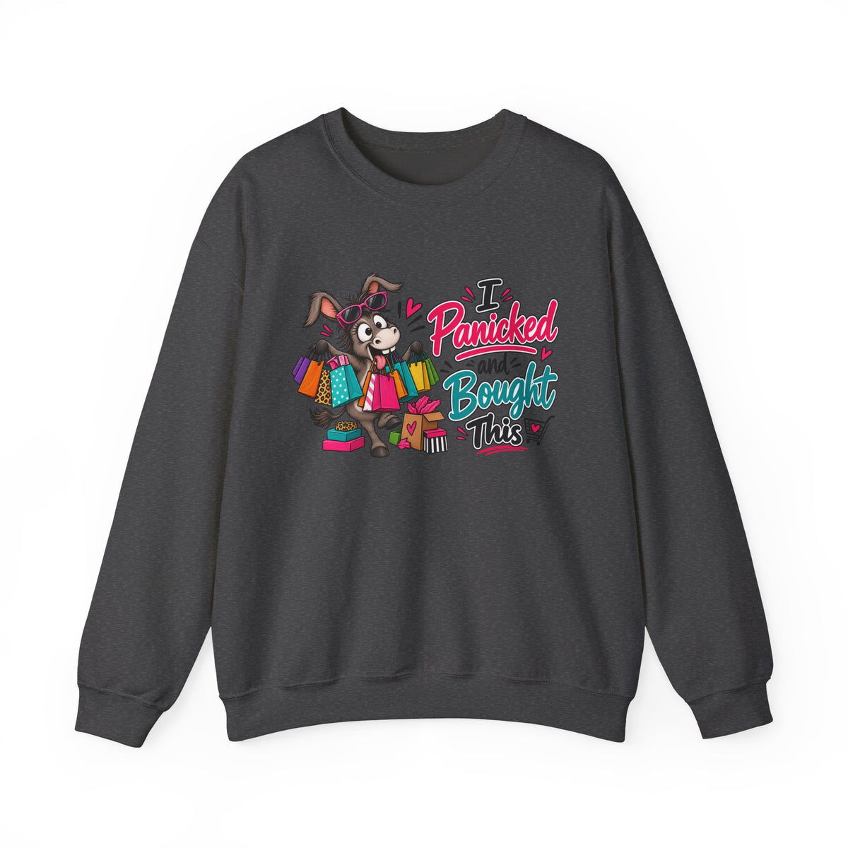 "I Panicked and Bought This" Holiday Sweatshirt — S, Dark Heather | The ClawMark Store