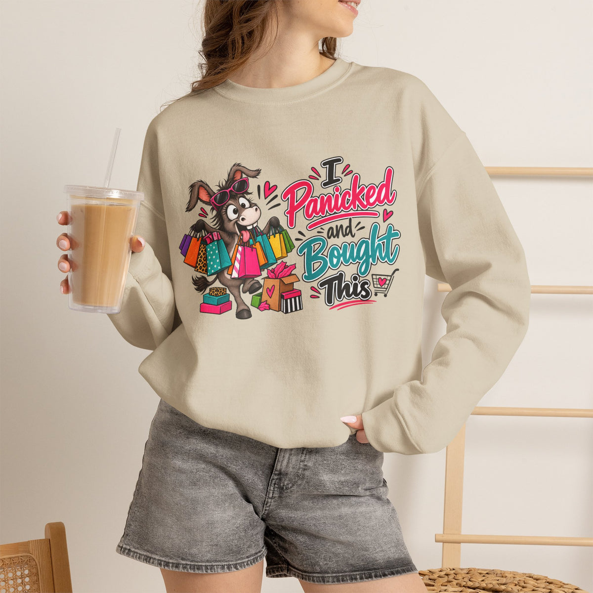 "I Panicked and Bought This" Holiday Sweatshirt — S, Sand | The ClawMark Store