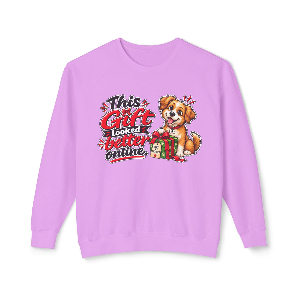 "This Gift Looked Better Online" Holiday Puppy Sweatshirt — Neon Violet, S | The ClawMark Store