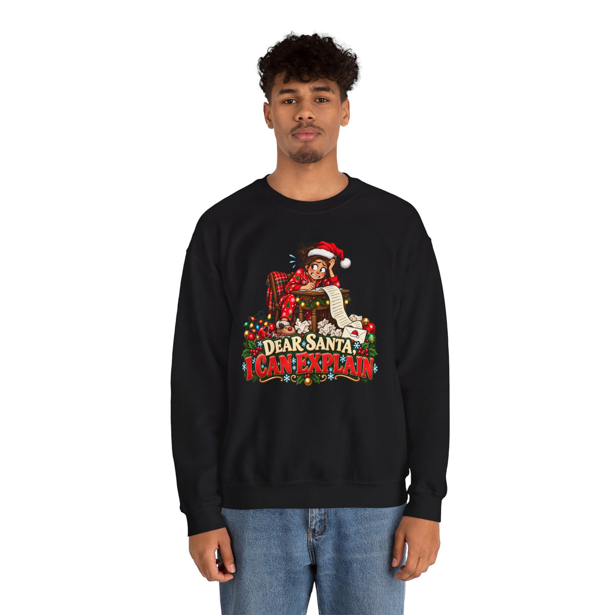 Holiday Sweatshirt - "Dear Santa, I Can Explain" Plaid Elf Christmas Crewneck - Woman