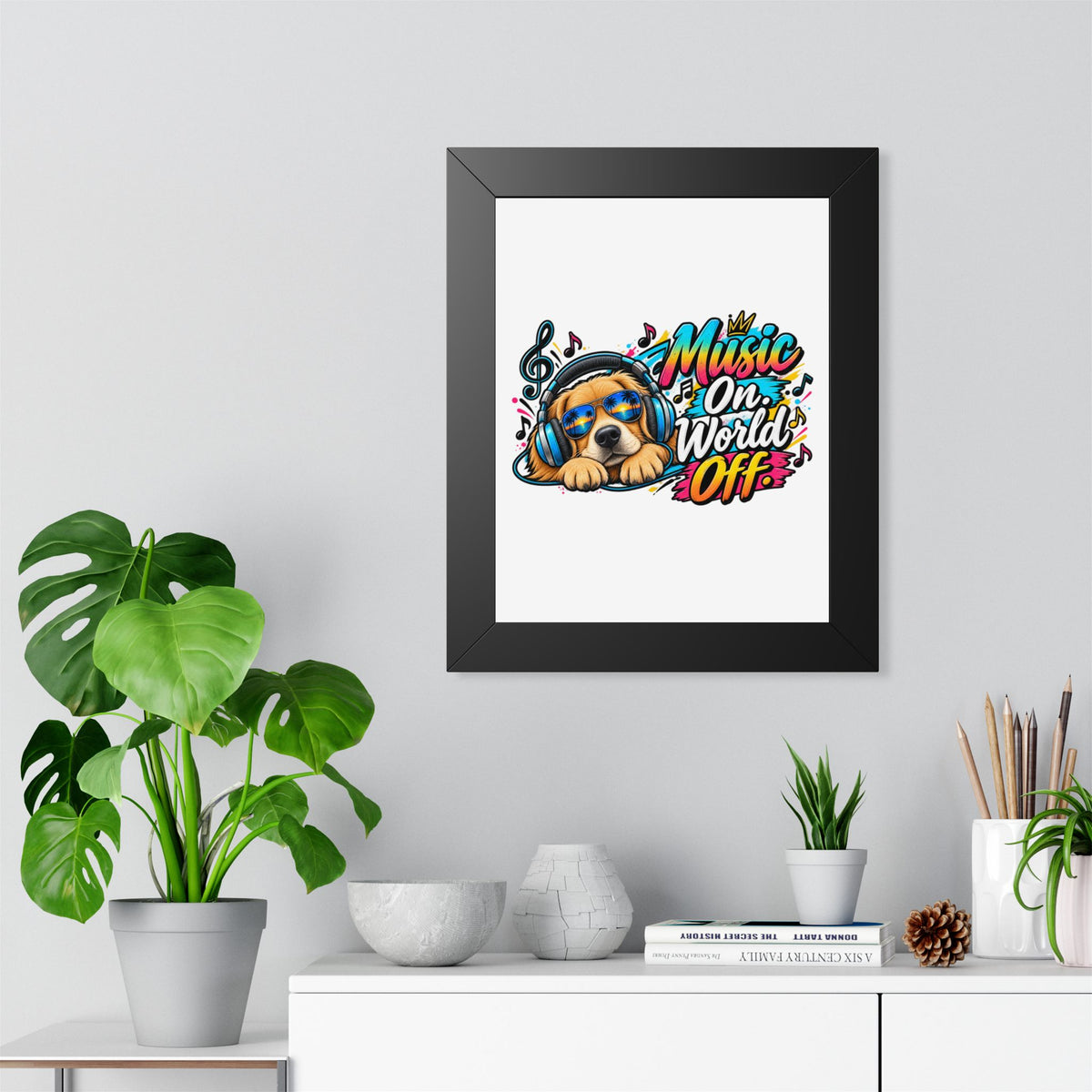 Music On, World Off Framed Poster — Dog with Headphones Wall Art — product photo 1 | The ClawMark Store