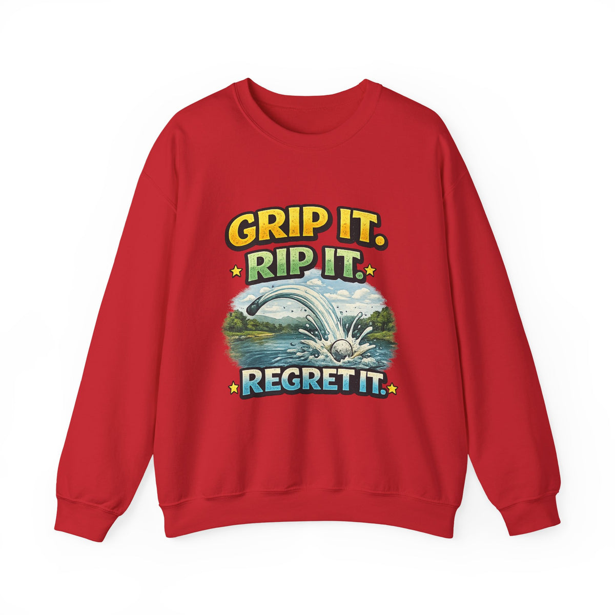 "Grip It, Rip It, Regret It" Fishing Sweatshirt — S, Red | The ClawMark Store