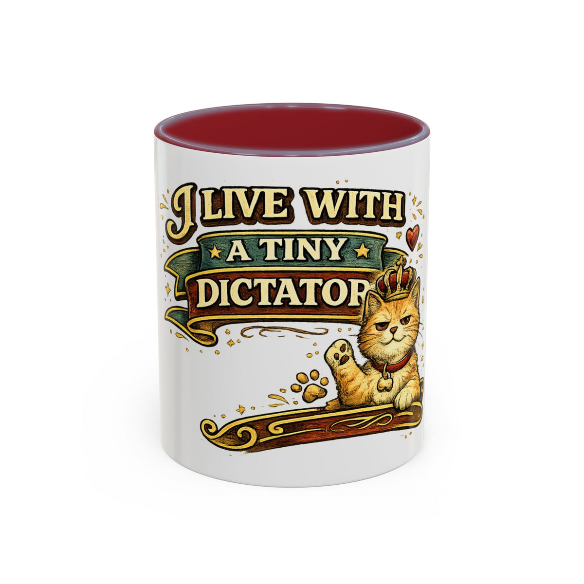 "I Live With A Tiny Dictator" Cat Mug (11oz, 15oz) — Maroon, 11oz | The ClawMark Store