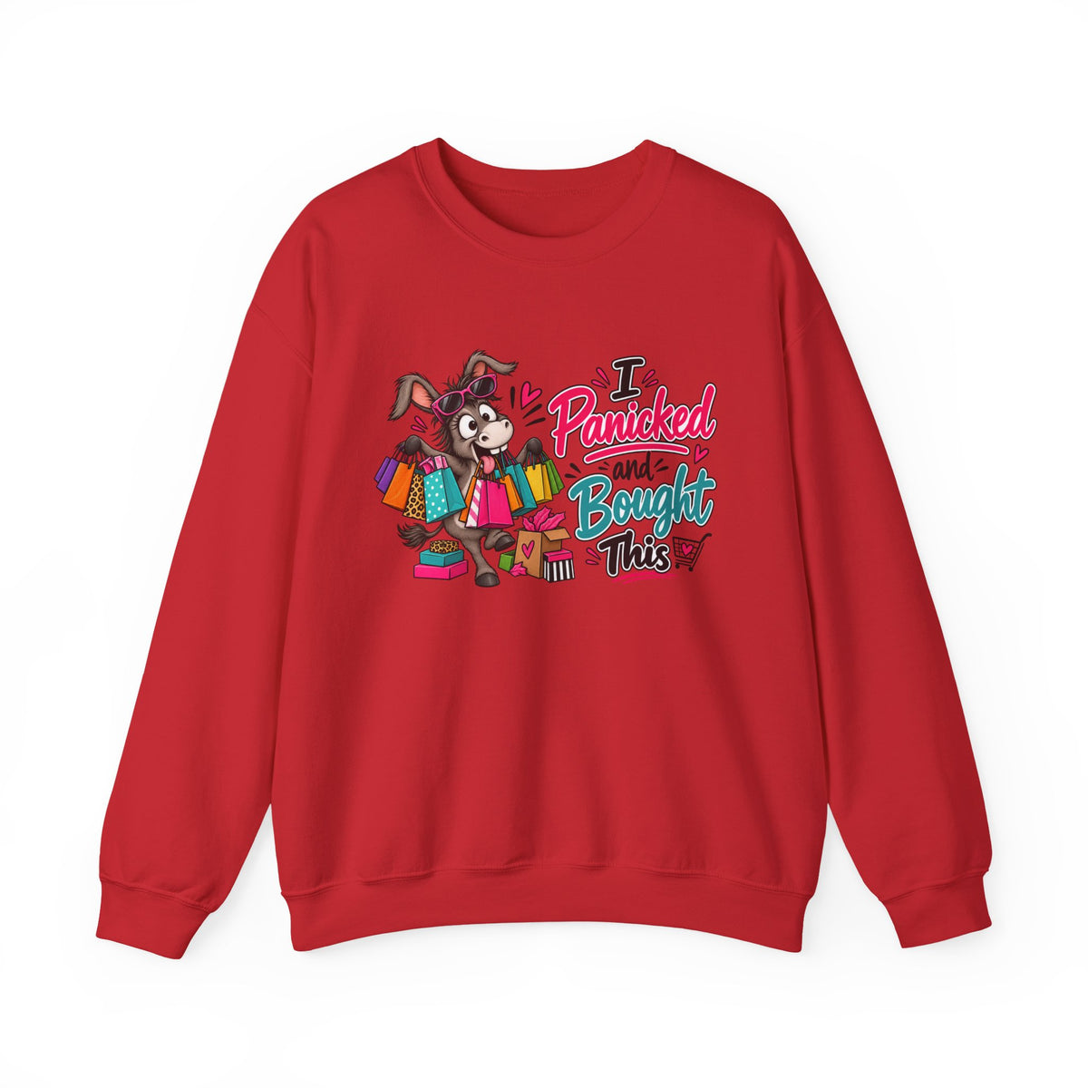 "I Panicked and Bought This" Holiday Sweatshirt — S, Red | The ClawMark Store