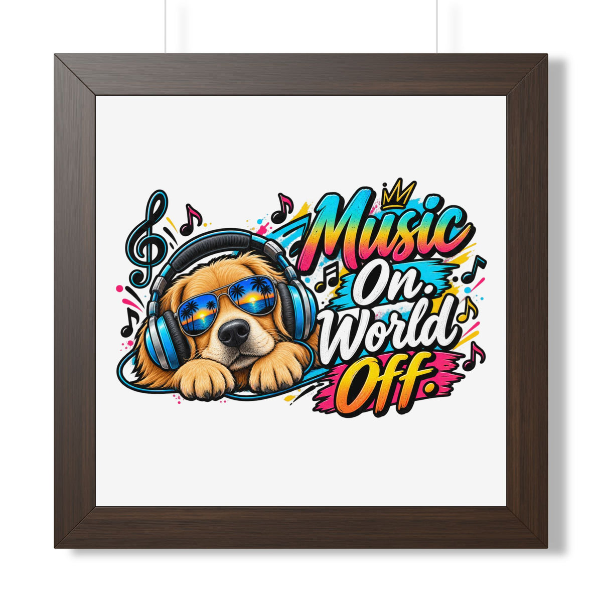 Music On, World Off Framed Poster — Dog with Headphones Wall Art — Walnut, 16″ x 16″ | The ClawMark Store