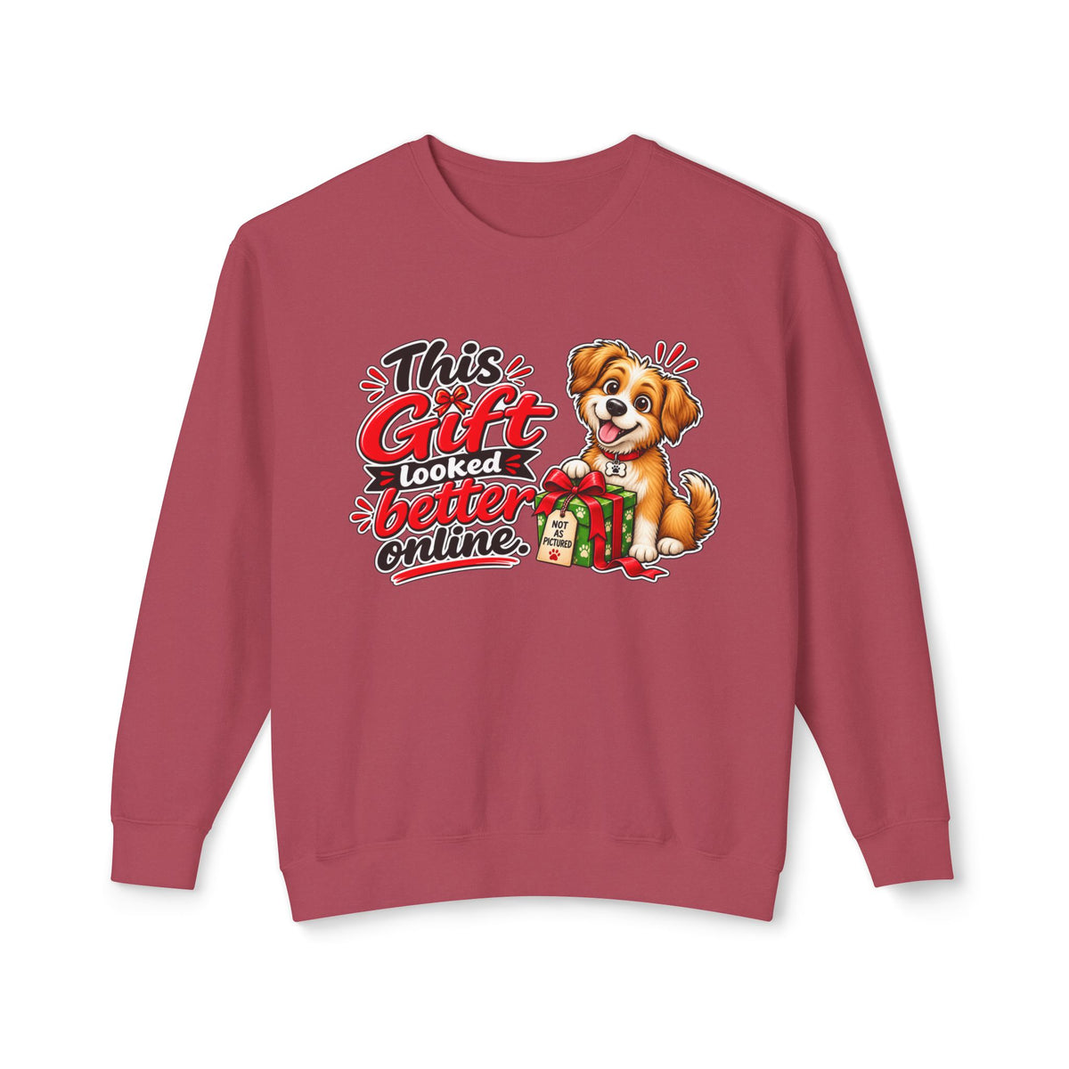 "This Gift Looked Better Online" Holiday Puppy Sweatshirt — Crimson, S | The ClawMark Store