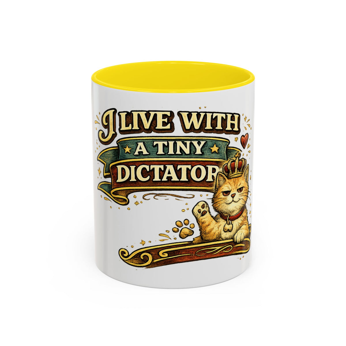 "I Live With A Tiny Dictator" Cat Mug (11oz, 15oz) — Yellow, 11oz | The ClawMark Store